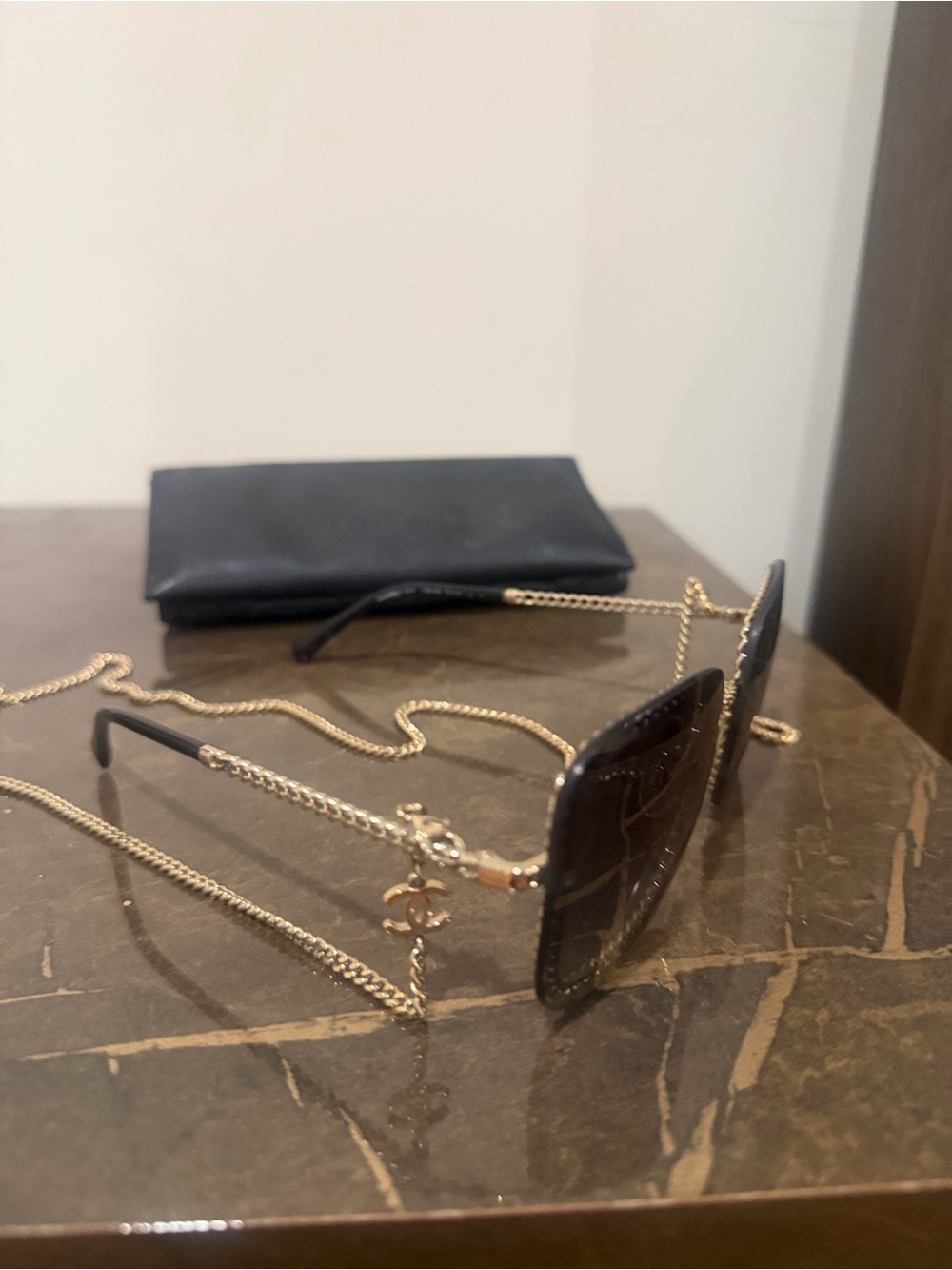 CHANEL Black Gradient Square Sunglasses with Gold Chain Trim - Picture 3 of 5